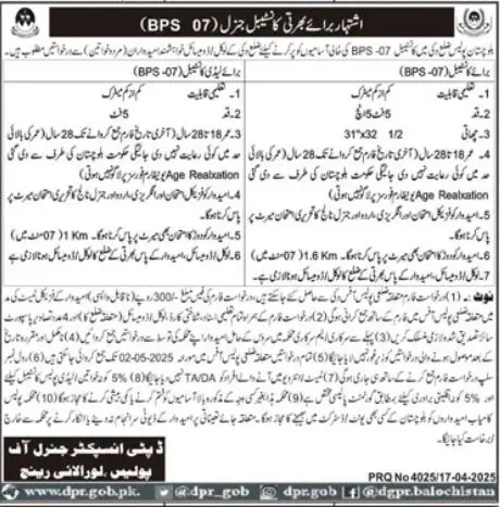 Join Balochistan Police 2025 Advertisement