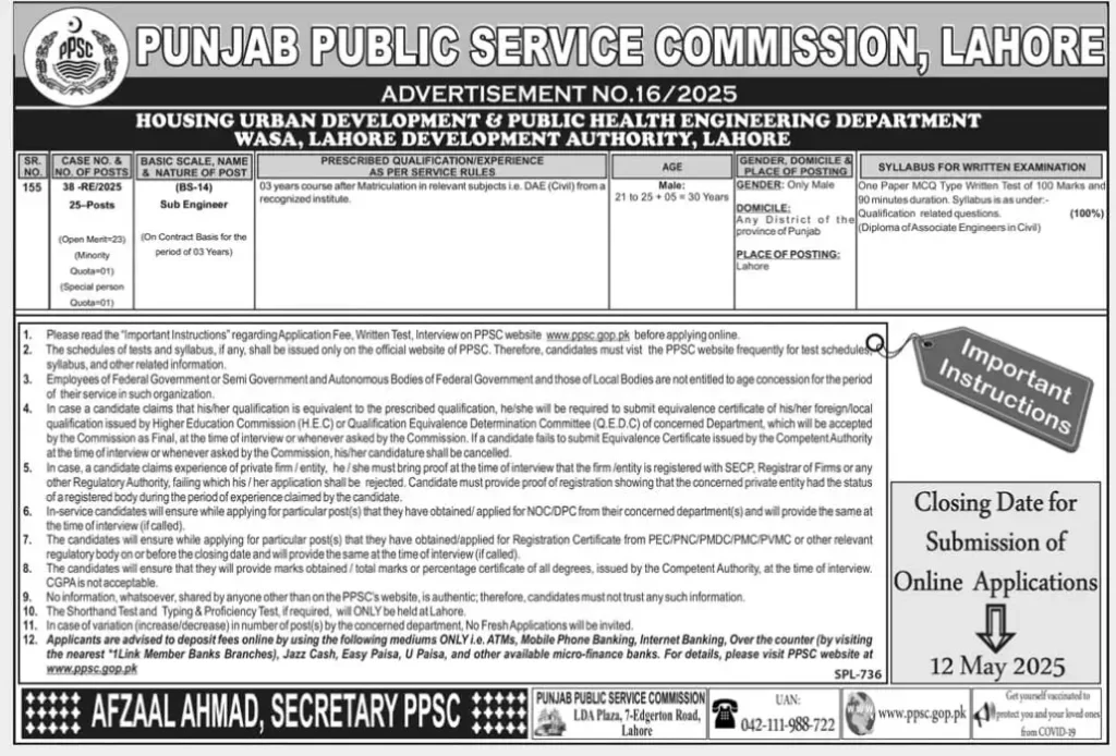PPSC Advertisement No 162025 Advertisement