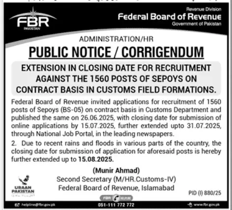 FBR Jobs in Pakistan 2025 Advertisement