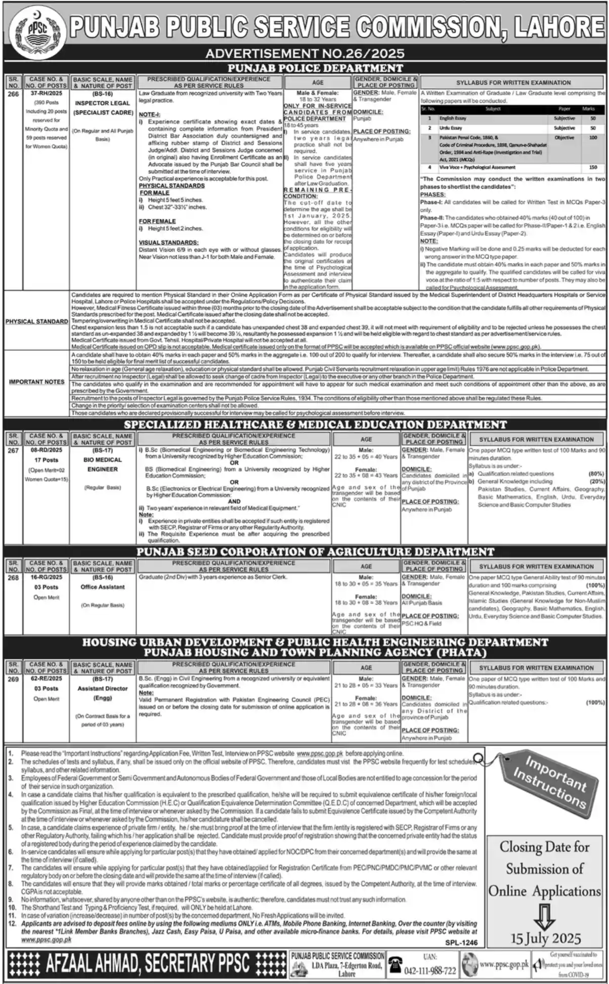Advertisement No. 26 Jobs at PPSC 2025