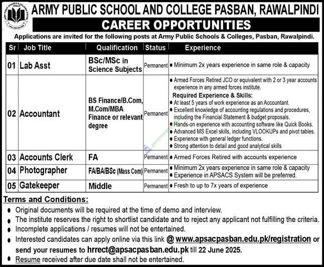 New Army Public School Job Openings