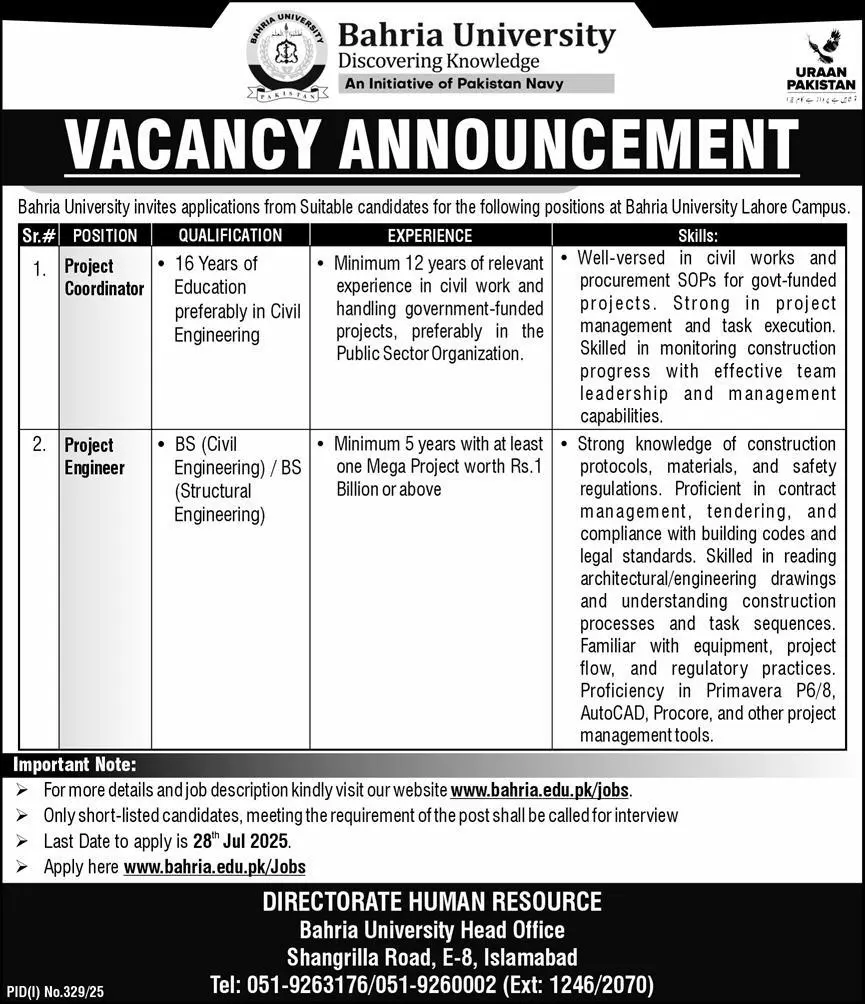 Bahria University Lahore Jobs 2025 Advertisement