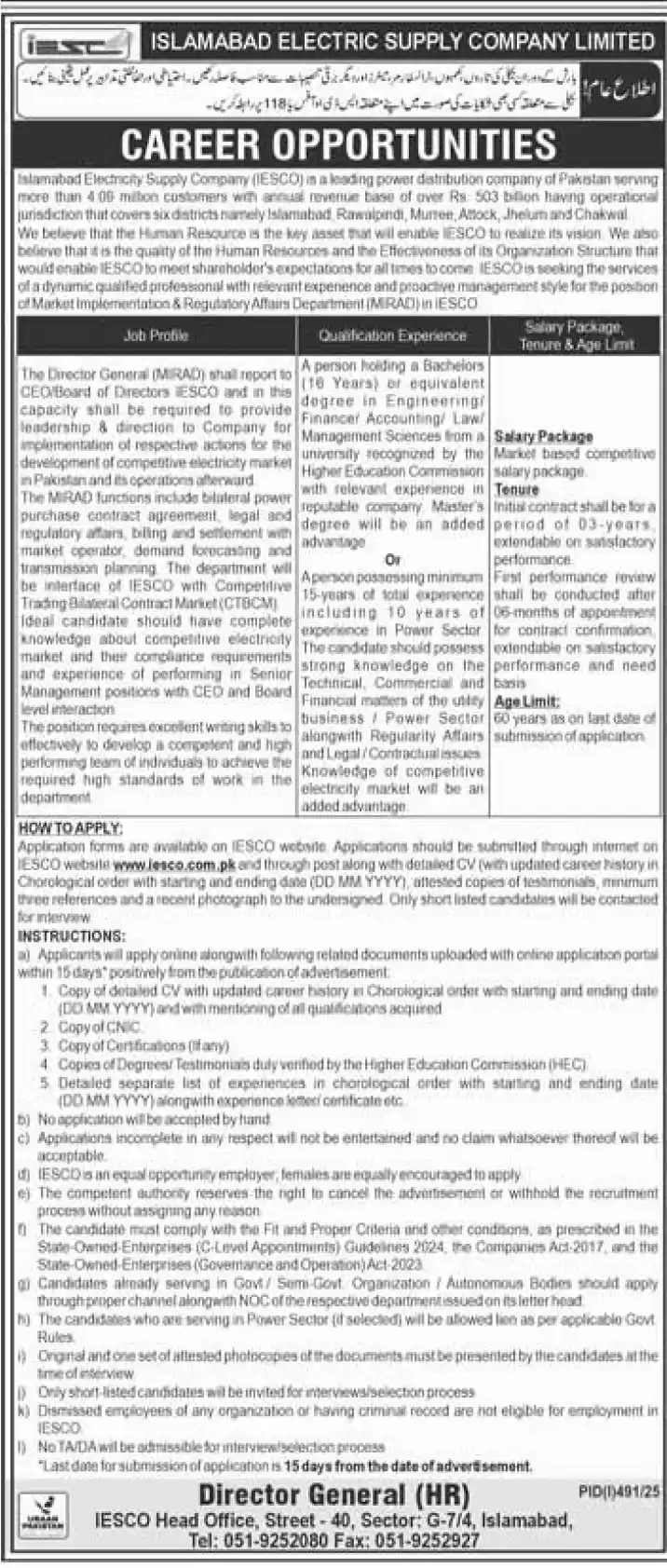Islamabad Electric Supply Company Jobs 2025 Advertisement