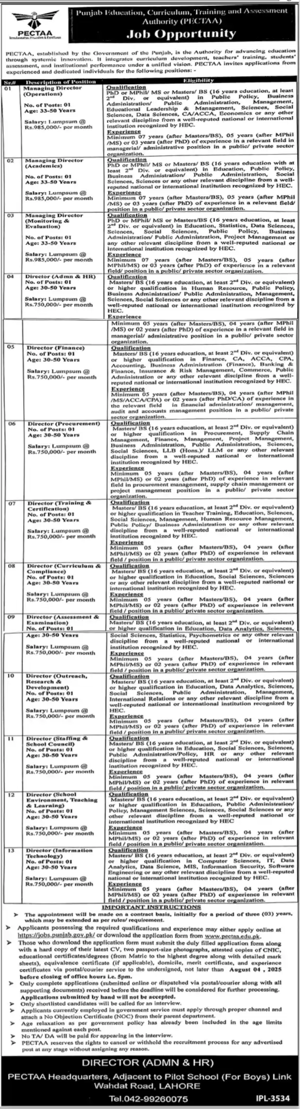 PECTAA Career Opportunities 2025 Advertisement