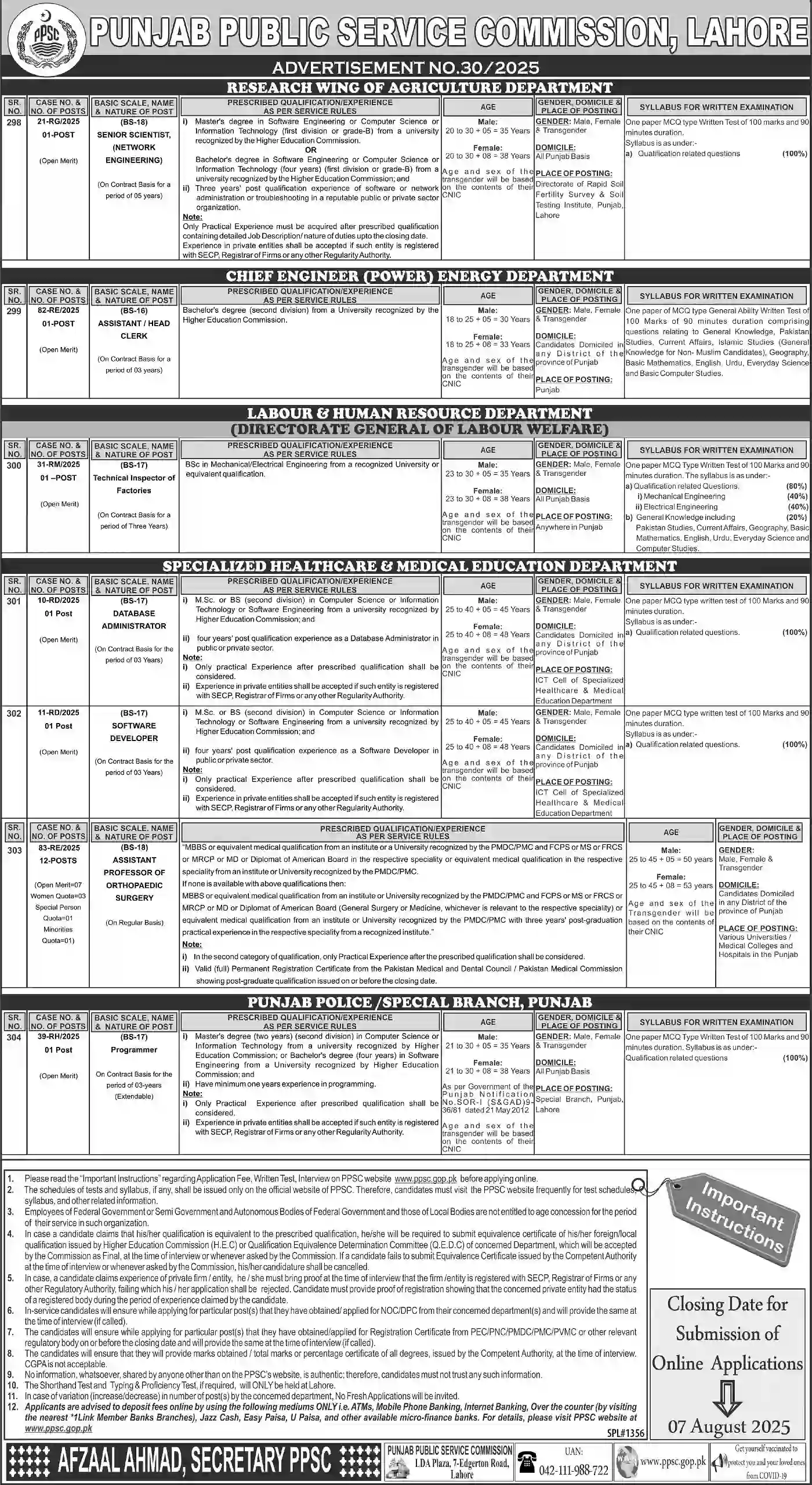 PPSC Lahore Jobs 2025 Advertisement