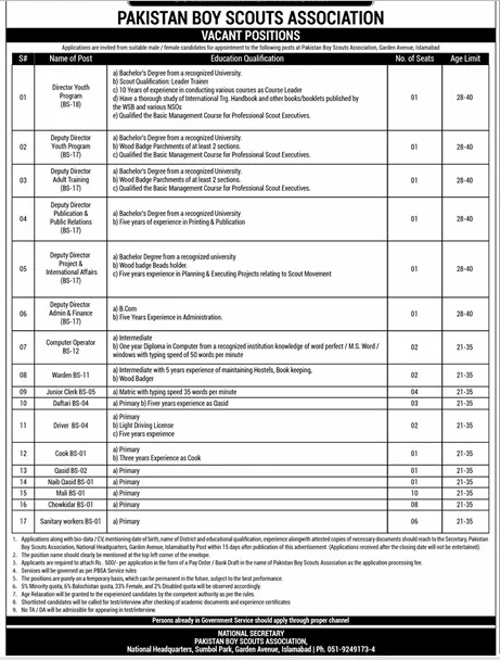 Pakistan Boy Scouts Association Jobs 