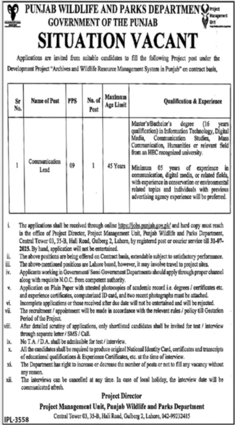 Punjab Wildlife and Parks Department Jobs 2025 Advertisement