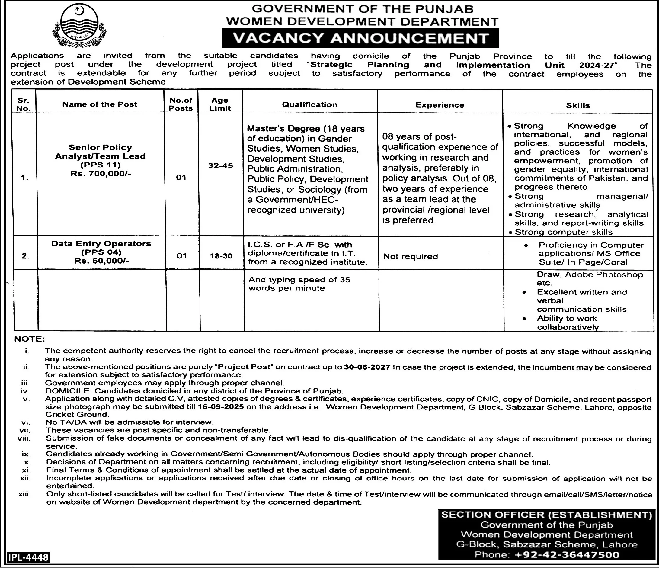 Women Development Department Punjab Jobs