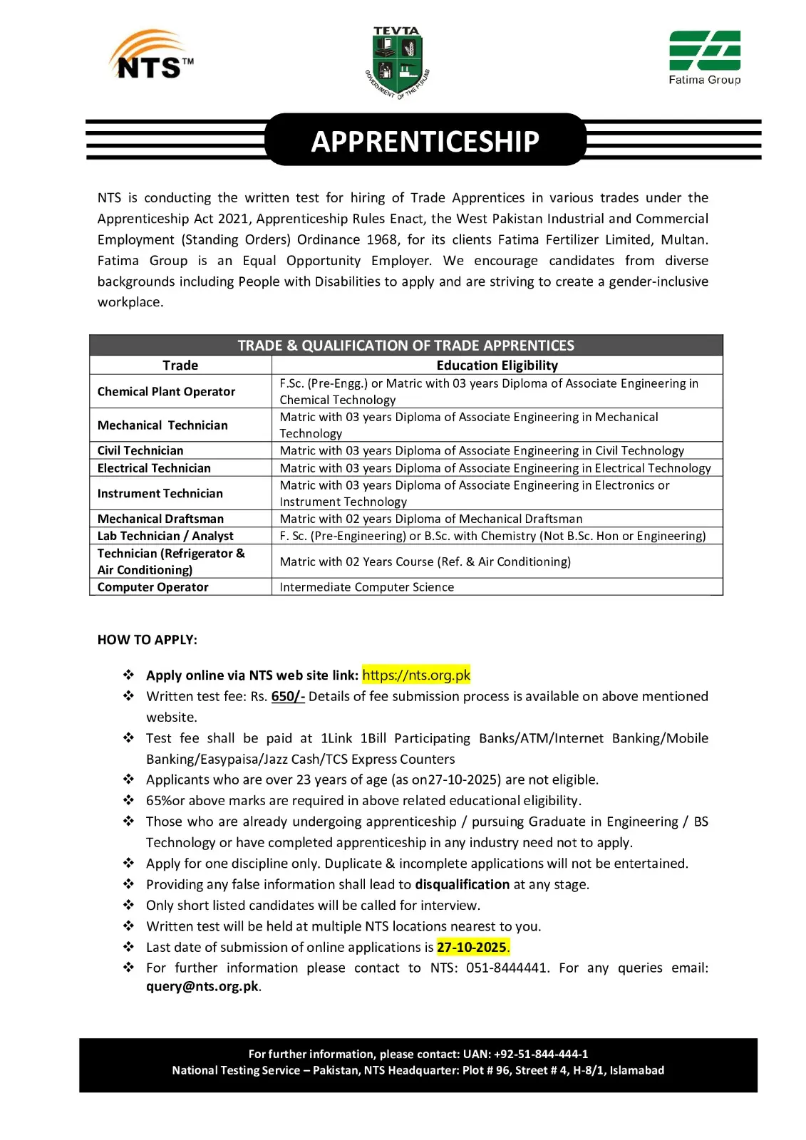 Fatima Fertilizer Apprenticeship 2025 Advertisement