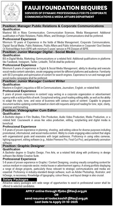 Fauji Foundation Jobs 2025