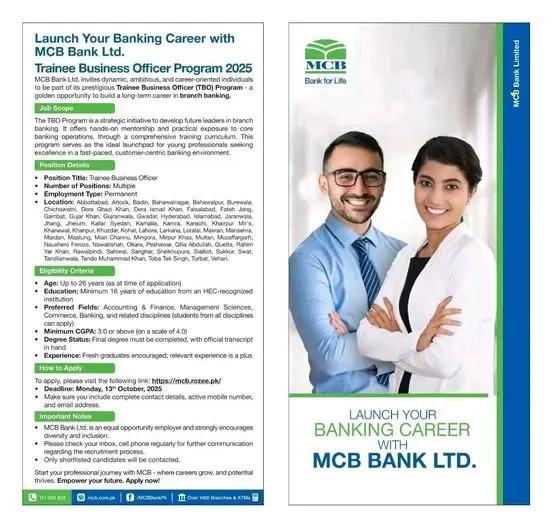 MCB Bank Trainee Business Officer Program 2025