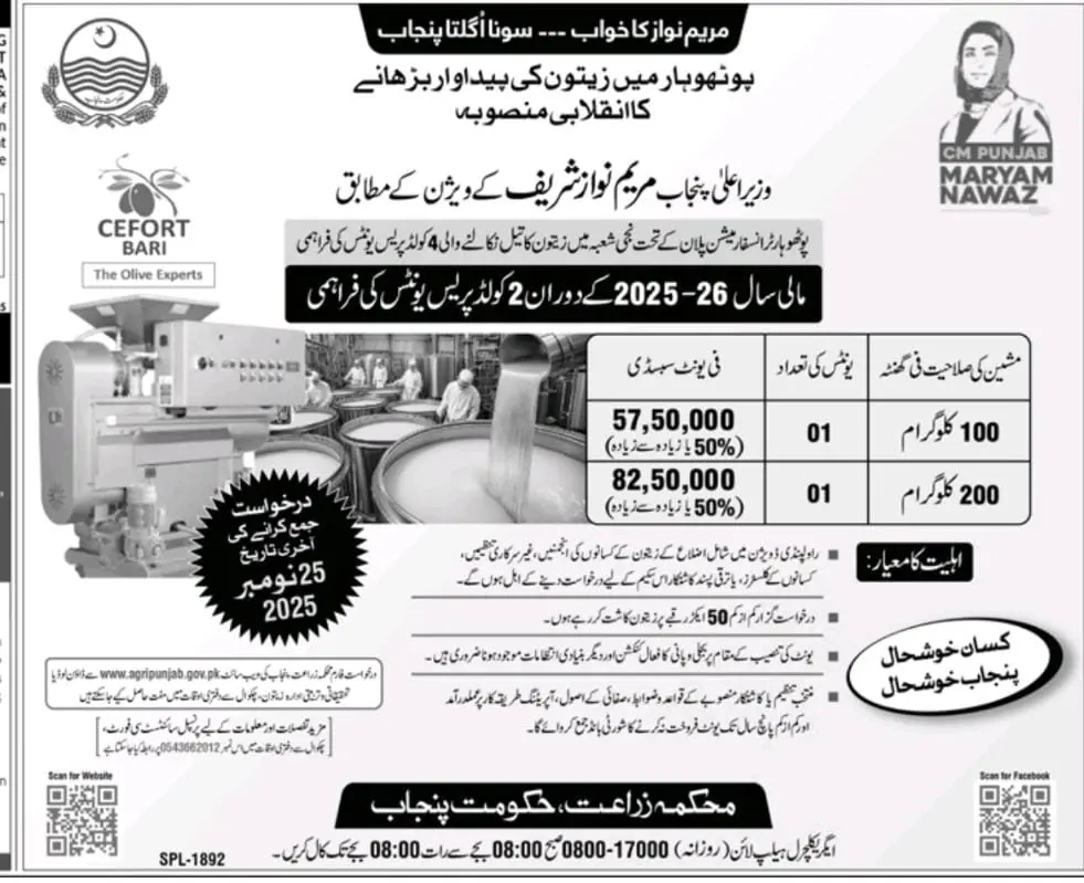 Olive Processing Plant Subsidy 2025-26