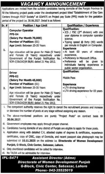 Punjab Women Development Department Jobs 2025