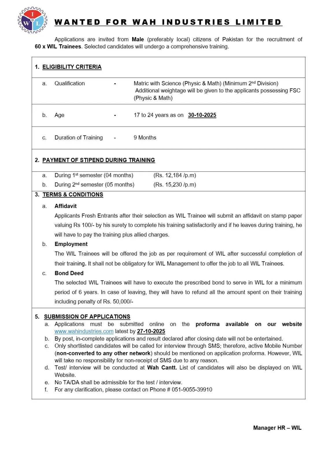 Wah Industries Limited WIL Trainee Jobs 2025