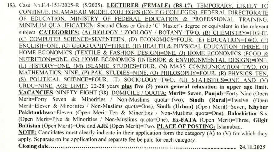FPSC Lecturer Female Jobs 2025