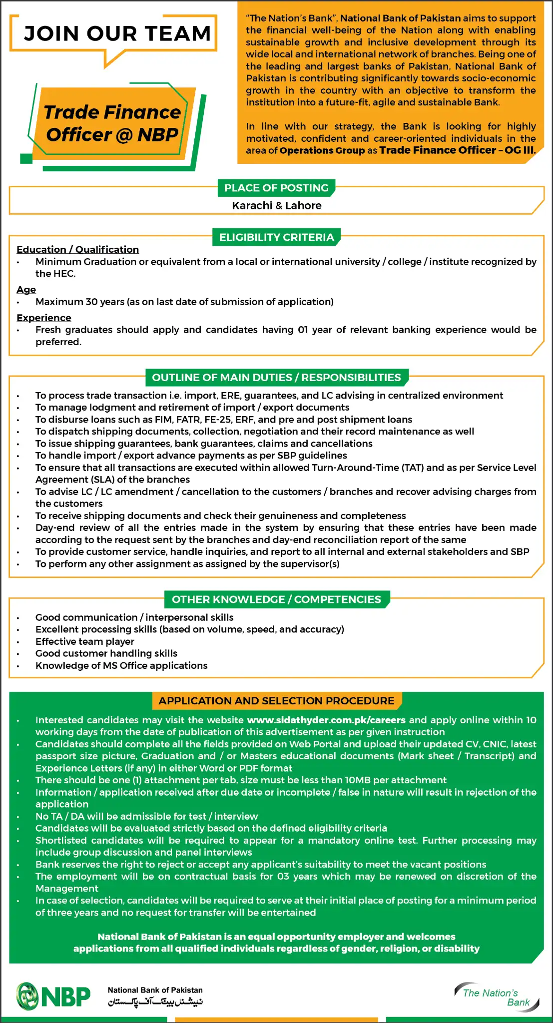 NBP Trade Finance Officer Jobs 2025 Advertisement