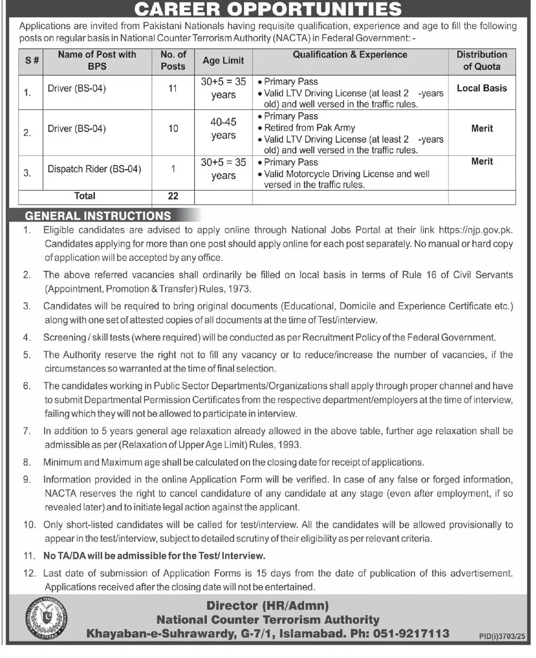 National Counter Terrorism Authority Jobs 2025