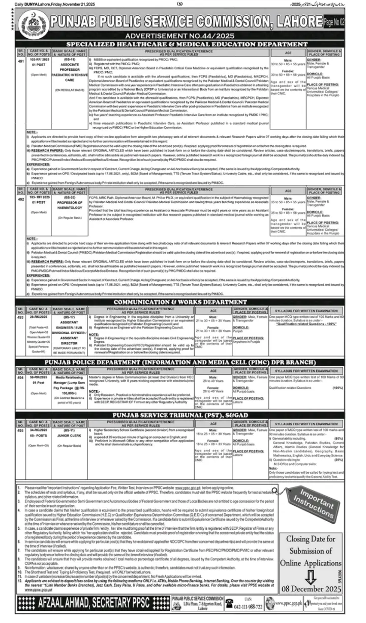 PPSC Jobs Advertisement 44/2025