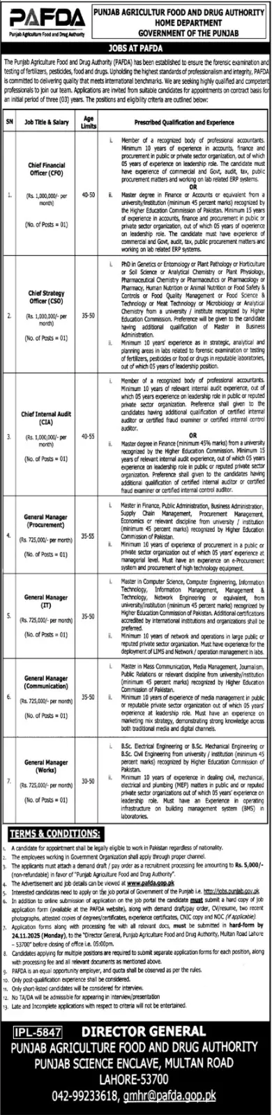 Punjab Agriculture Food and Drug Authority Jobs 2025