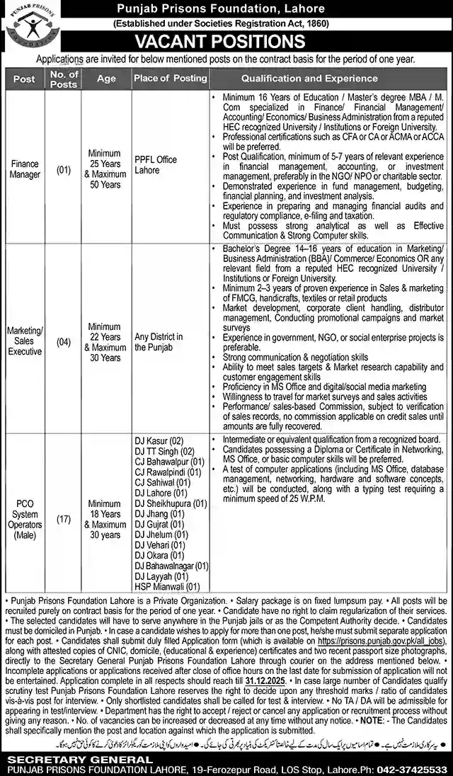 Punjab Prisons Foundation Jobs 2025