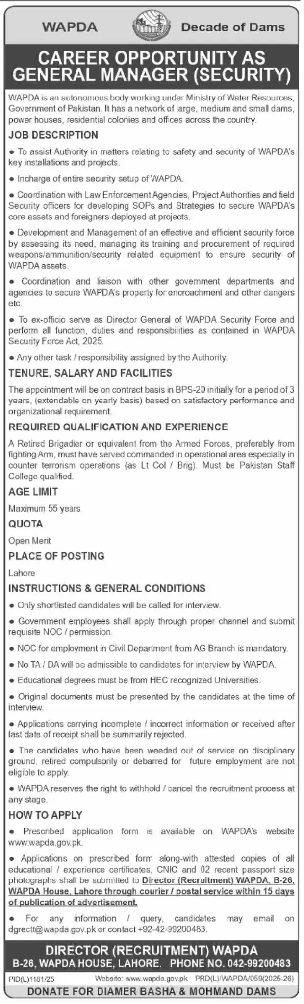 WAPDA General Manager Security Jobs 2025