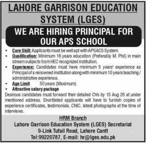 Lahore Garrison Education System LGES Jobs 2026 Apply Online Ad
