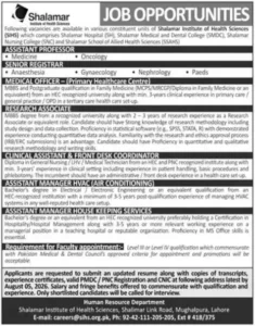 Shalamar Institute of Health Sciences SIHS Jobs 2026 Ad